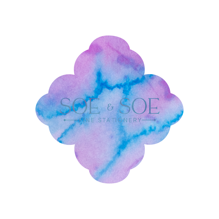 Floral-shaped ink swatch with purple and blue hues on a white background, featuring the brand 'Sole & Soe'.