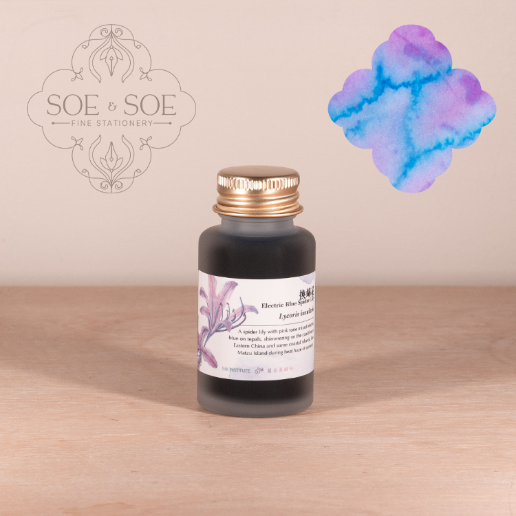 Bottle of Ink Institute ink with a label on a wooden surface, featuring the 'SOE & SOE' brand.