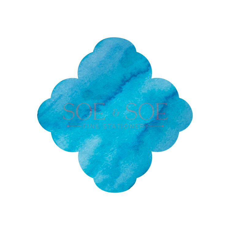 Blue ink swatch with 'SOE & SOE' branding on a white background