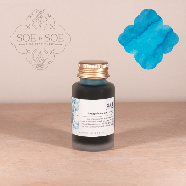Bottle of ink with a blue color swatch and 'SOE & SOE' branding on a wooden surface.