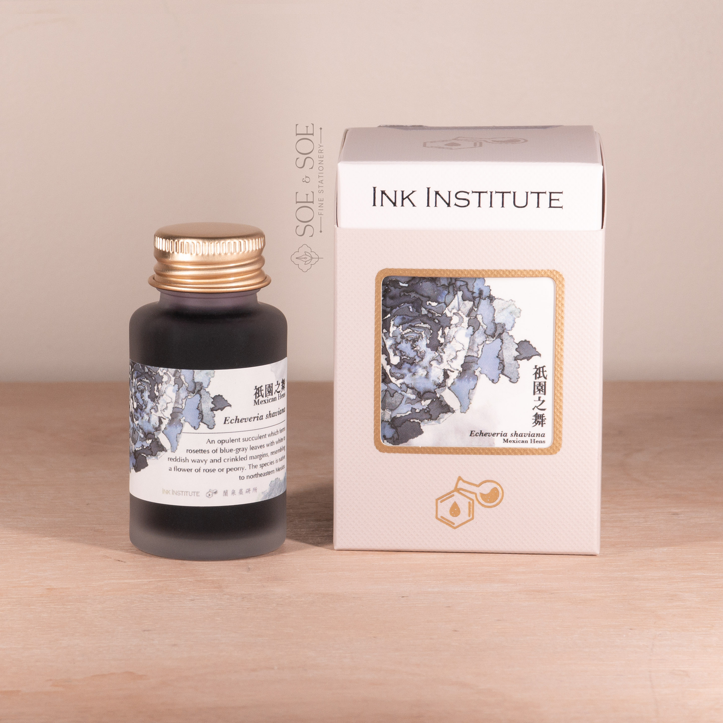 Ink bottle and packaging with 'Ink Institute' branding on a wooden surface.