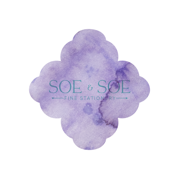 Purple ink swatch logo with 'SOE & SOE Fine Stationery' text on a white background