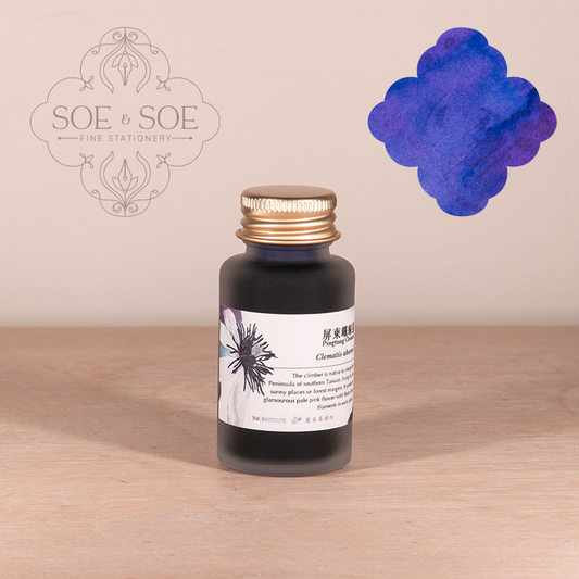 Bottle of ink with a label on a wooden surface, featuring the 'SOE & SOE' brand.