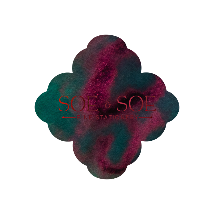 Floral-shaped ink swatch with 'SOE & SOE' branding on a white background