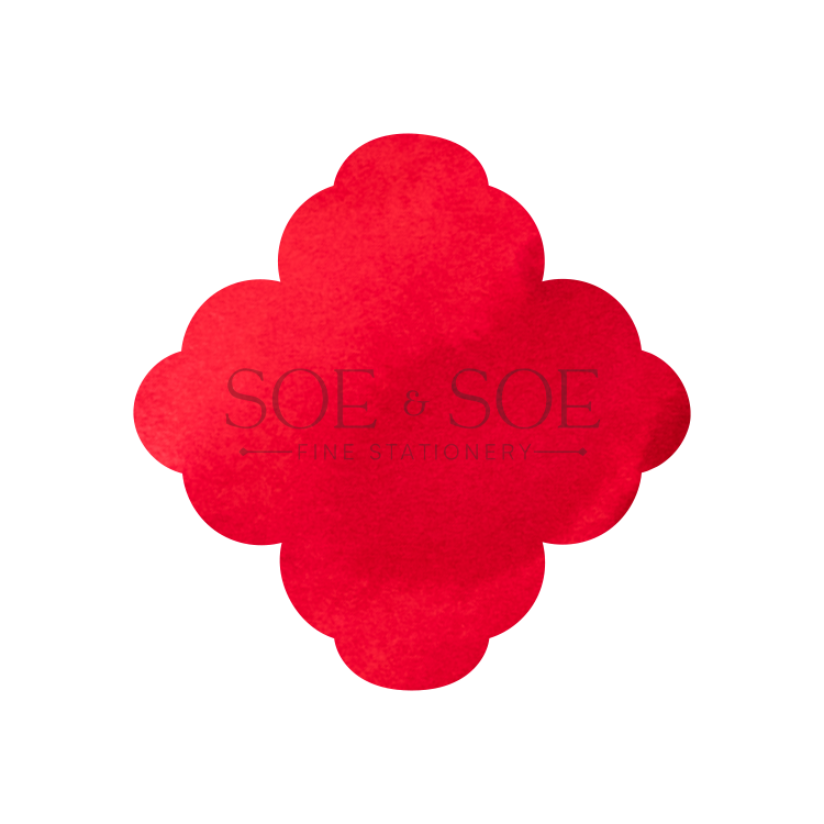 Red flower-shaped ink swatch with 'SOE & SOE' branding on a white background