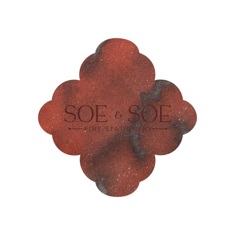Red and brown ink swatch with 'SOE & SOE Fine Stationery' text on a white background