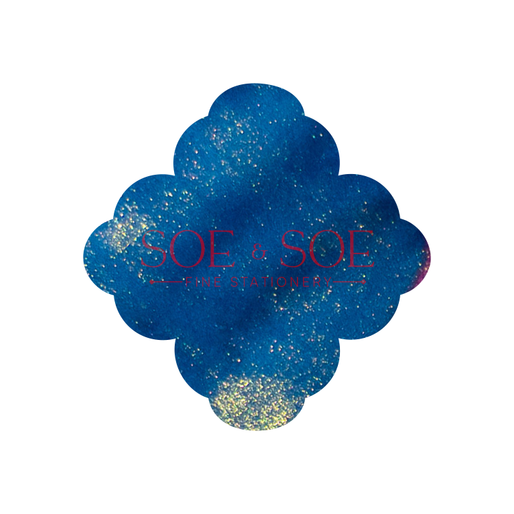 Blue floral ink swatch with 'SOE & SOE' text on a white background