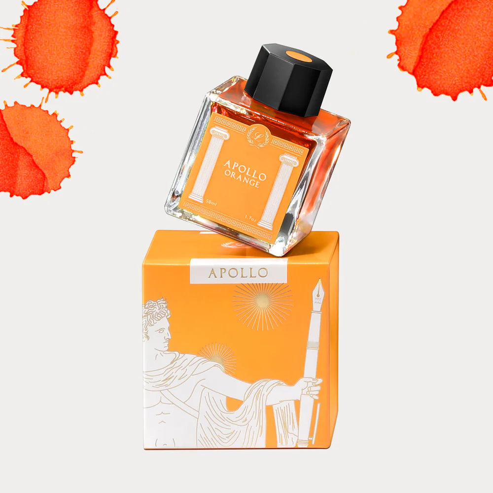 Bottle of Laban Apollo Orange ink on top of packaging with ink swatches in the background