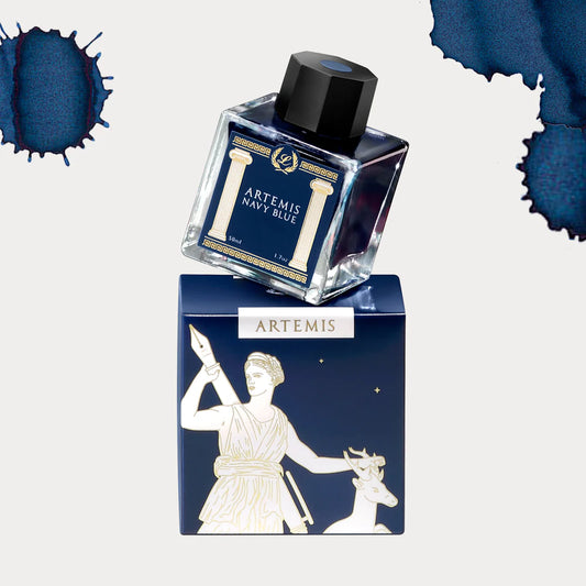 Bottle of Laban Artemis Navy Blue ink on top of packaging