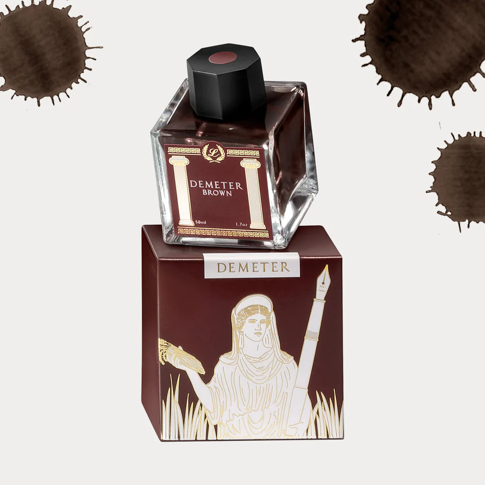 Bottle of Laban Demeter Brown ink on top of packaging with ink swatches in the background
