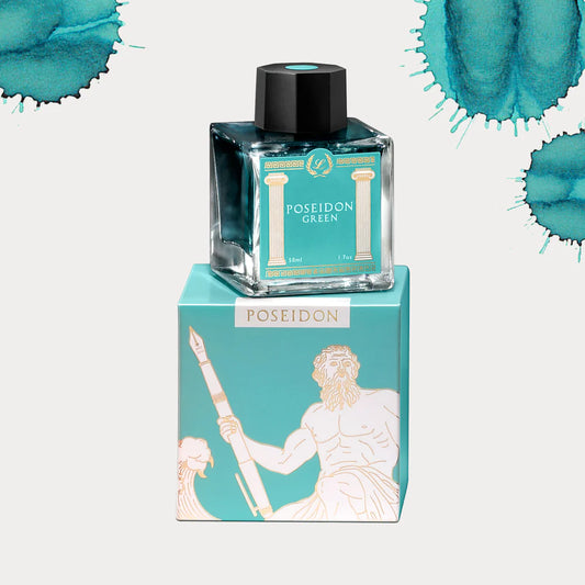 Bottle of Laban Poseidon Green ink on top of packaging with ink swatches in the background