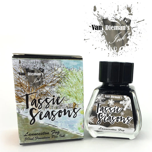Van Dieman's Tassie Seasons Launceston Fog ink bottle and packaging with ink swatch on a white background