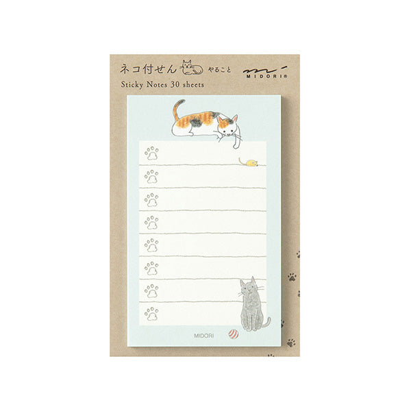 Sticky notes with cat illustrations and text on a white background