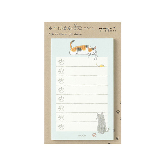 Sticky notes with cat illustrations and text on a white background
