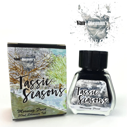 Van Dieman's Tassie Seasons Morning Frost ink bottle and packaging with ink swatch on a white background