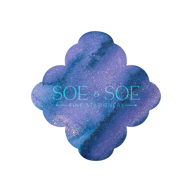 Blue and purple ink swatch with 'SOE & SOE' text on a white background