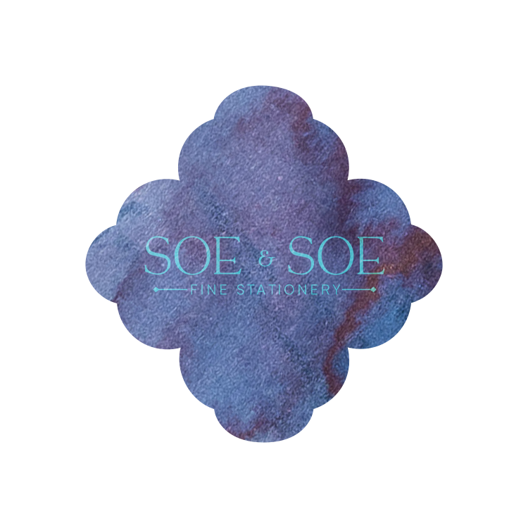 xining ink swatch in the shape of the logo of SOE & SOE Fine Stationery  on a white background