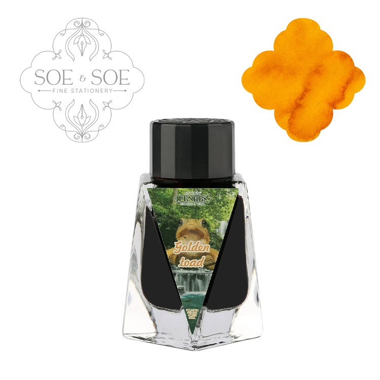 PenBBS Golden Toad ink bottle of fountain pen ink with an orange yellow ink swatch on a white background, featuring the 'SOE & SOE' brand.