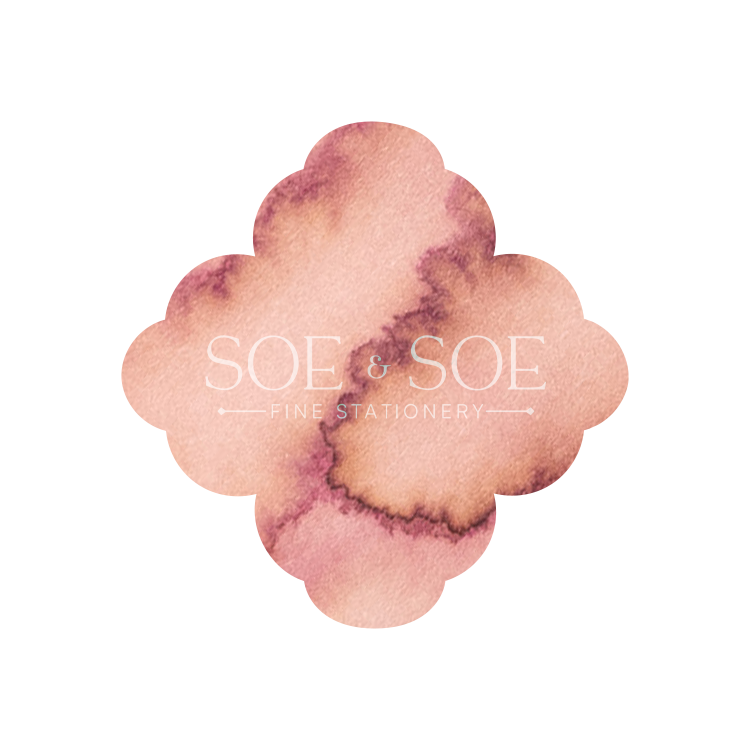 Floral-shaped ink swatch with 'SOE & SOE Fine Stationery' branding on a white background