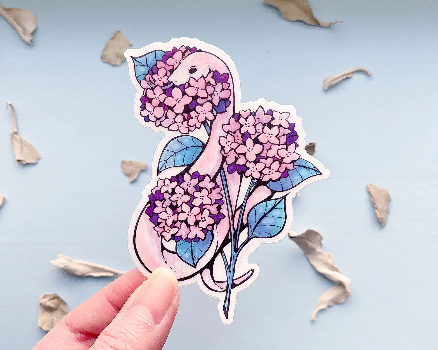 Snake and Pink Hydrangeas Clear Vinyl Sticker