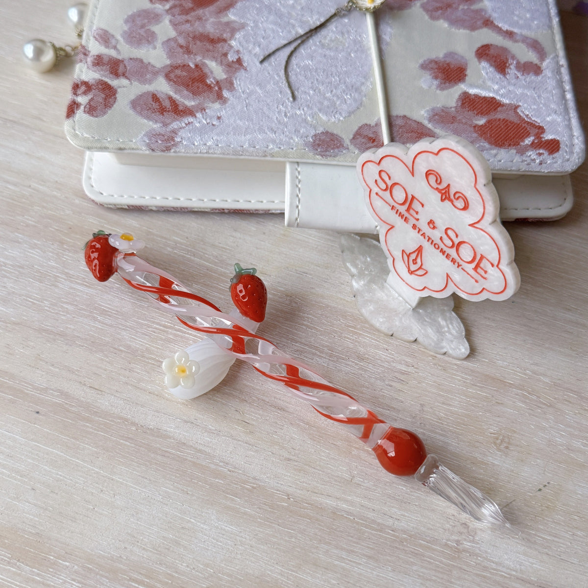 [Exclusive] Handmade Strawberry Glass Pen & Pen Rest